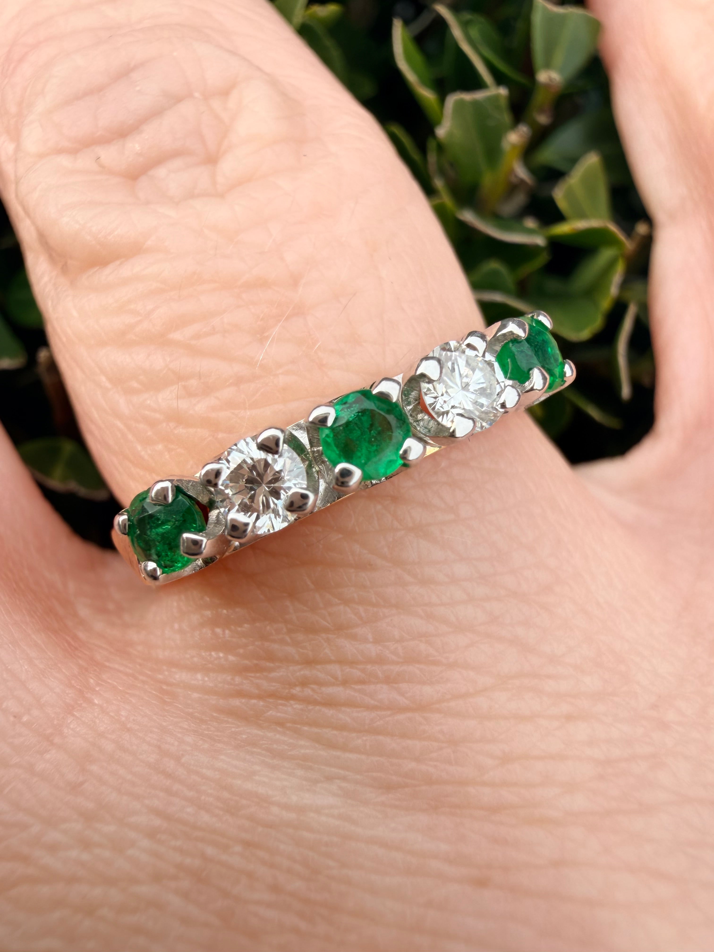 18K Yellow Gold Natural Diamond & Zambian Emerald Half Eternity Ring Certified