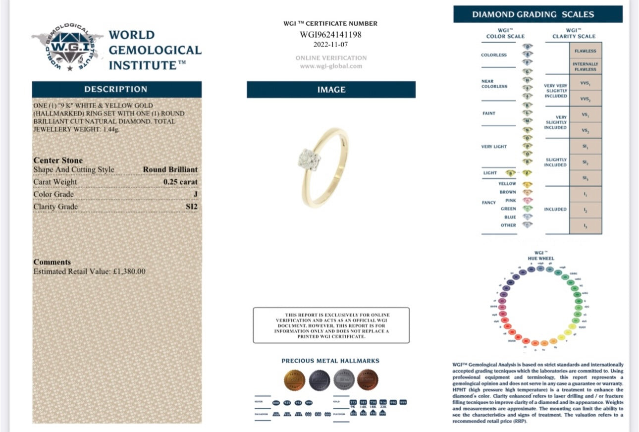 9k Yellow 0.25ct Natural Round Cut Diamond Solitaire Ring certified