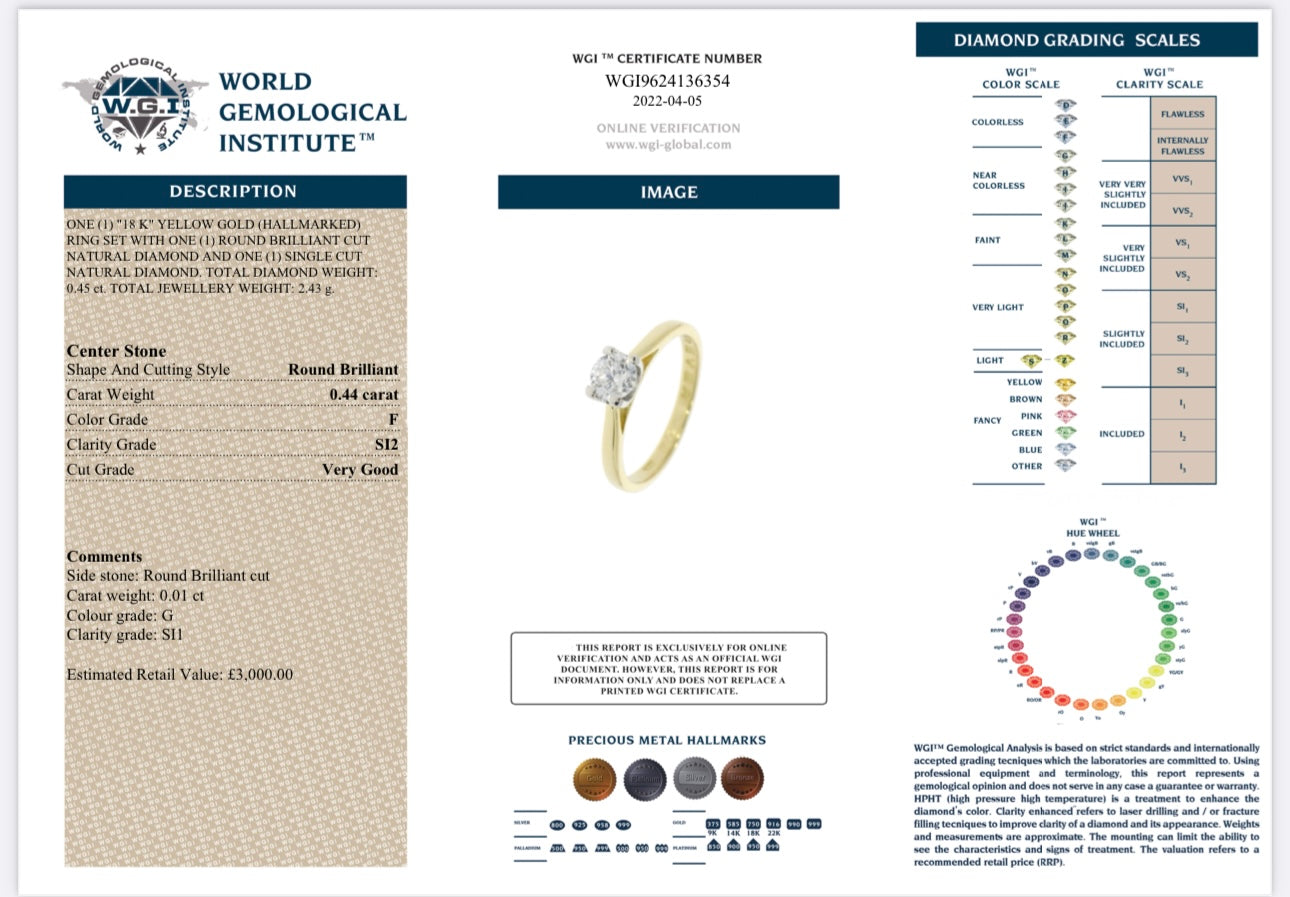 18k Yellow Gold 0.45ct Natural Round Brilliant Cut Diamond Solitaire Ring certified