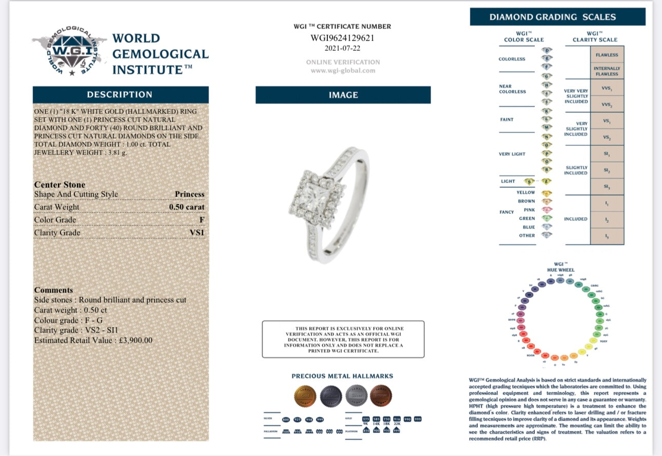 18k White Gold 1ct Natural Princess Cut Diamond Halo Ring certified