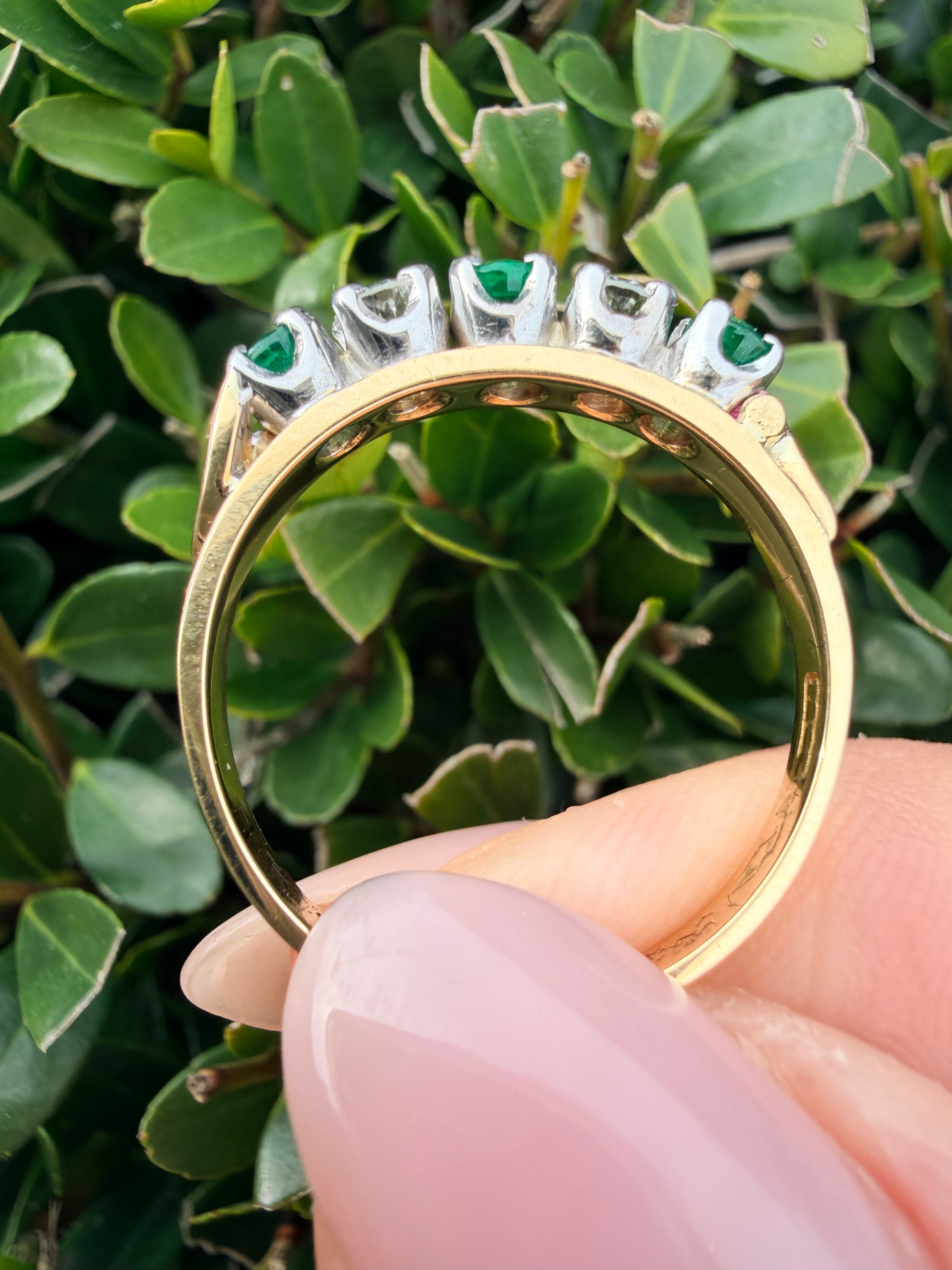 18K Yellow Gold Natural Diamond & Zambian Emerald Half Eternity Ring Certified