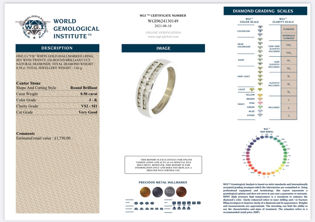 9k White Gold 0.50ct Natural Diamond Half Eternity Ring certified