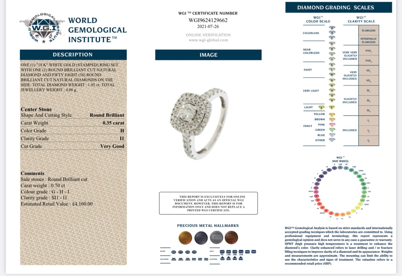 18k White Gold 1.05ct Natural Round Brilliant Cut Diamond Halo Ring certified