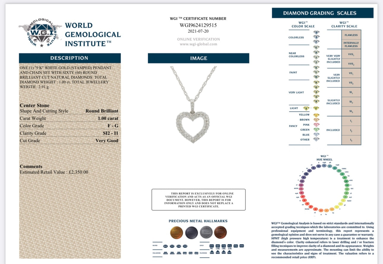 9K White Gold 1.00ct Natural Round Cut Diamond Heart Pendant And Chain Set certified