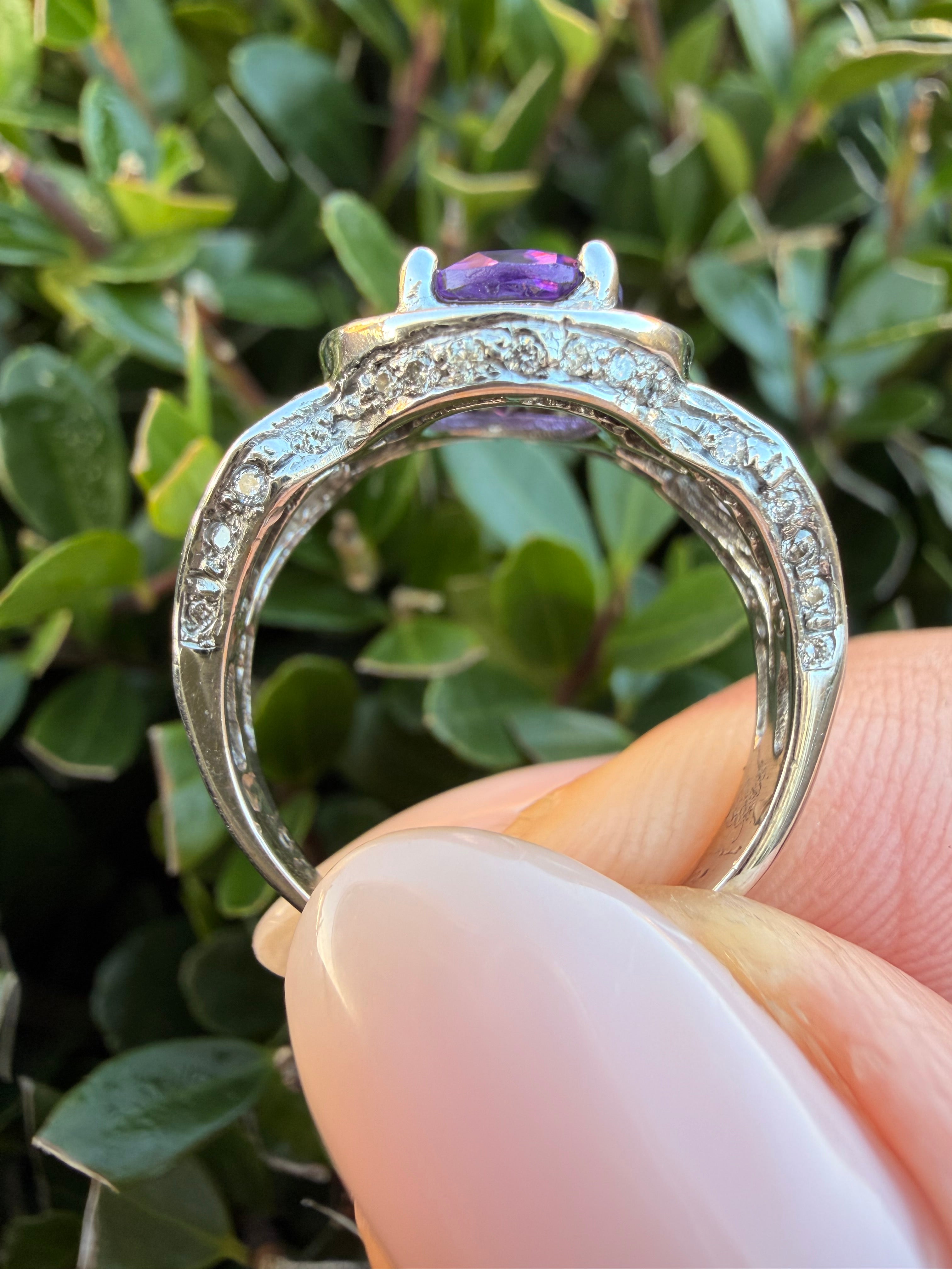 18k White Gold Amethyst And 1.30ct Natural Diamond Ring certified