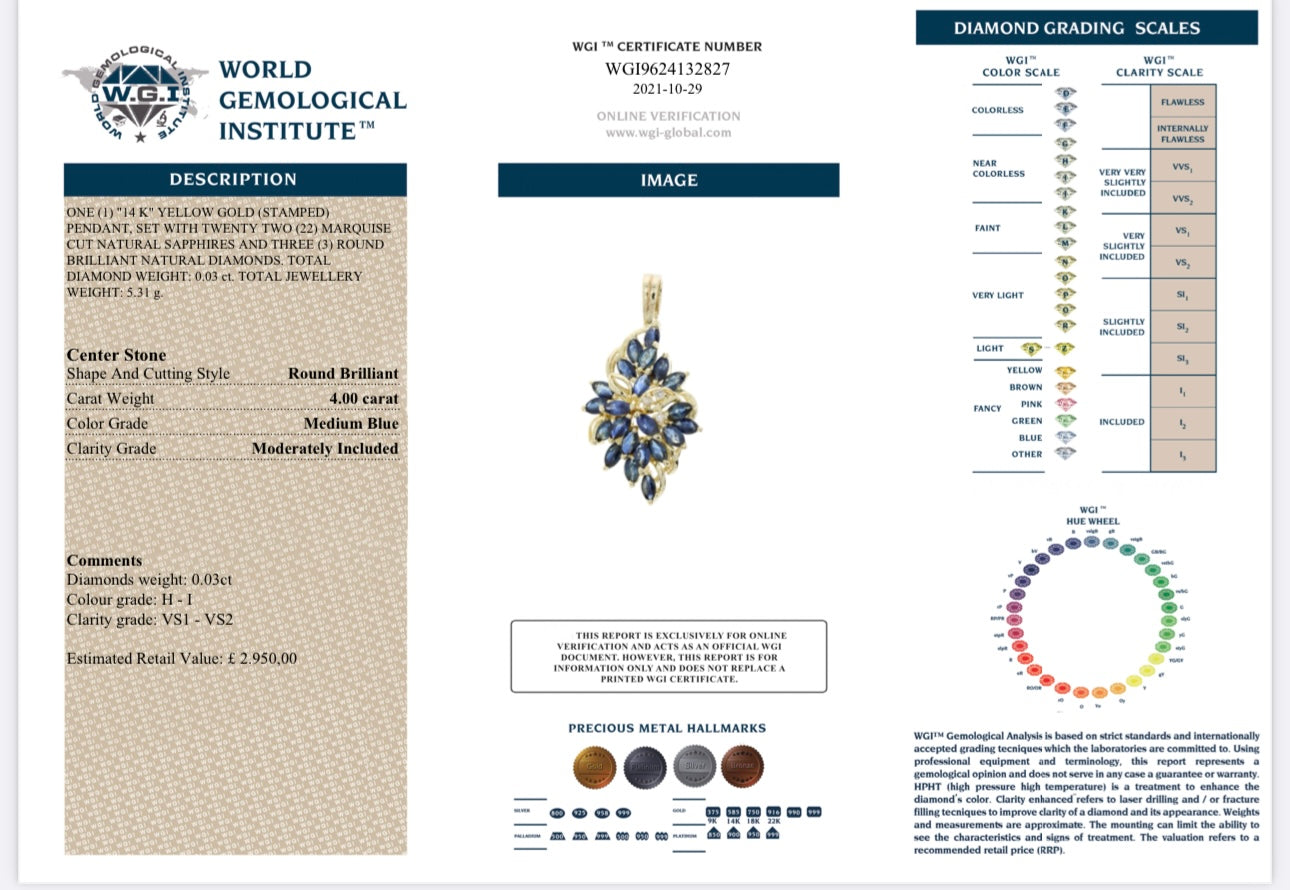 14k Yellow Gold 4.00ct Natural Sapphire And Diamond Pendant certified