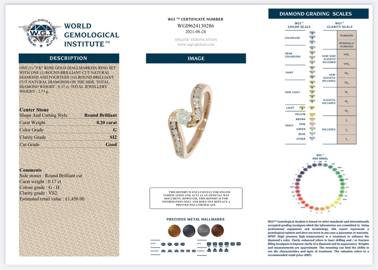 9k Rose Gold 0.37ct Round Cut Natural Diamond Ring certified