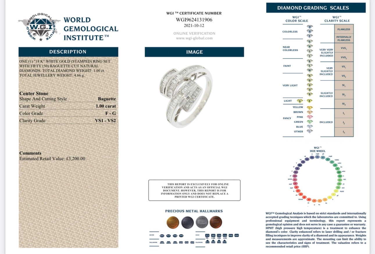 18k White Gold 1.00Ct Natural Baguette Cut Diamond Ring certified