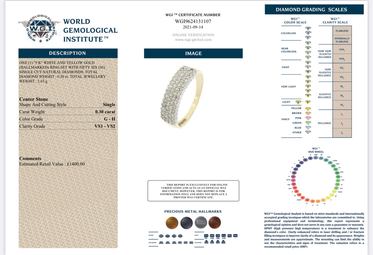 9k Yellow Gold 0.30ct Natural Diamond Half Band Ring certified