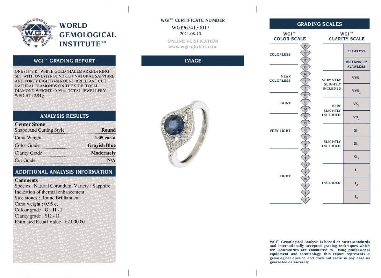 9k White Gold Natural Diamond And Sapphire Ring certified