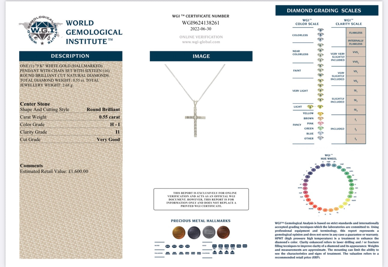 9K White Gold 0.55ct Natural Round Cut Diamond Cross Pendant And Chain Set certified