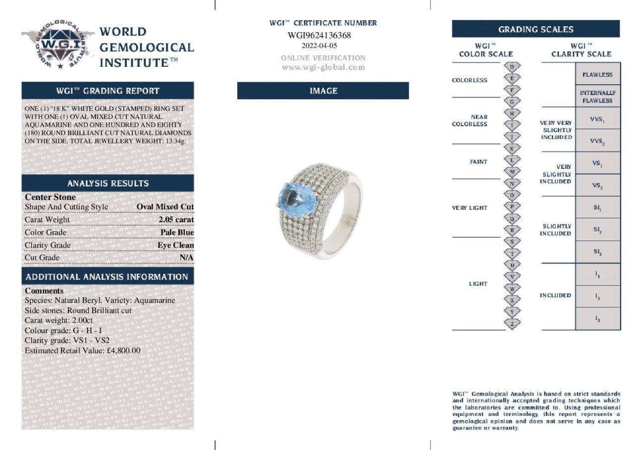18k White Gold 2.05Ct Natural Aquamarine And 2.00ct Natural Diamond Ring certified