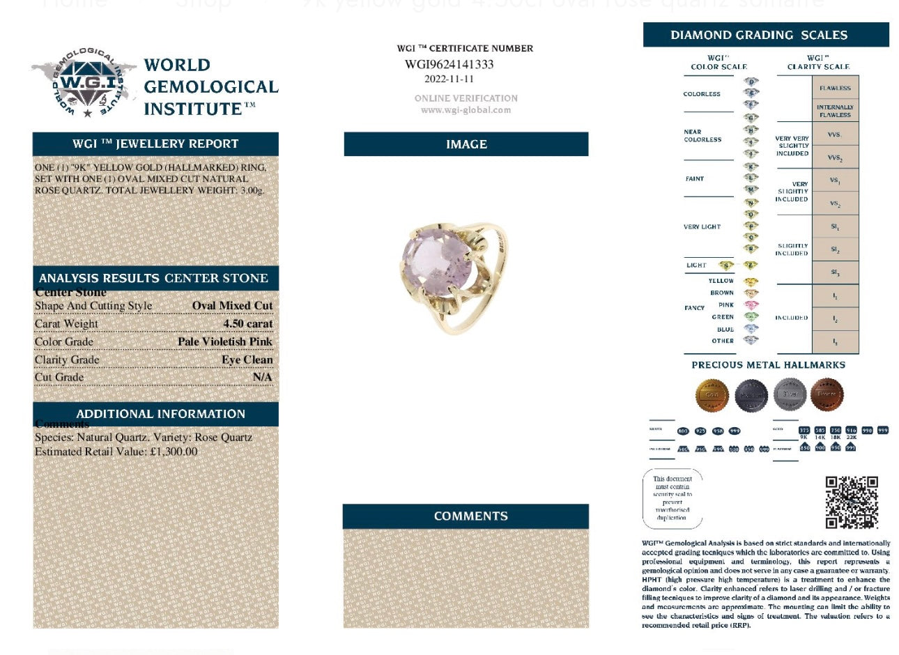 9k Yellow Gold 4.50ct Oval Rose Quartz Solitaire Ring certified