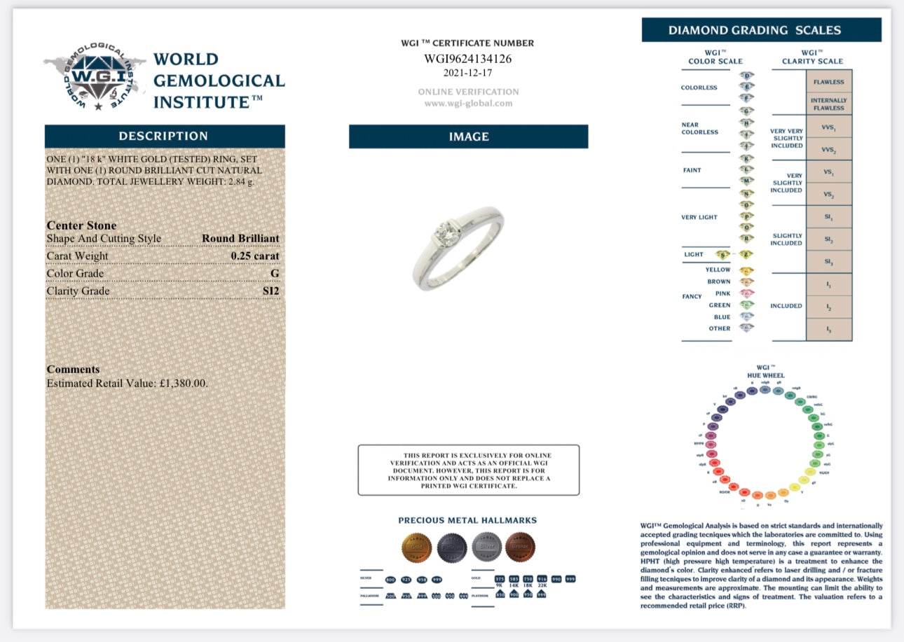 18k White Gold 0.25ct Natural Round Cut Diamond Solitaire Ring certified