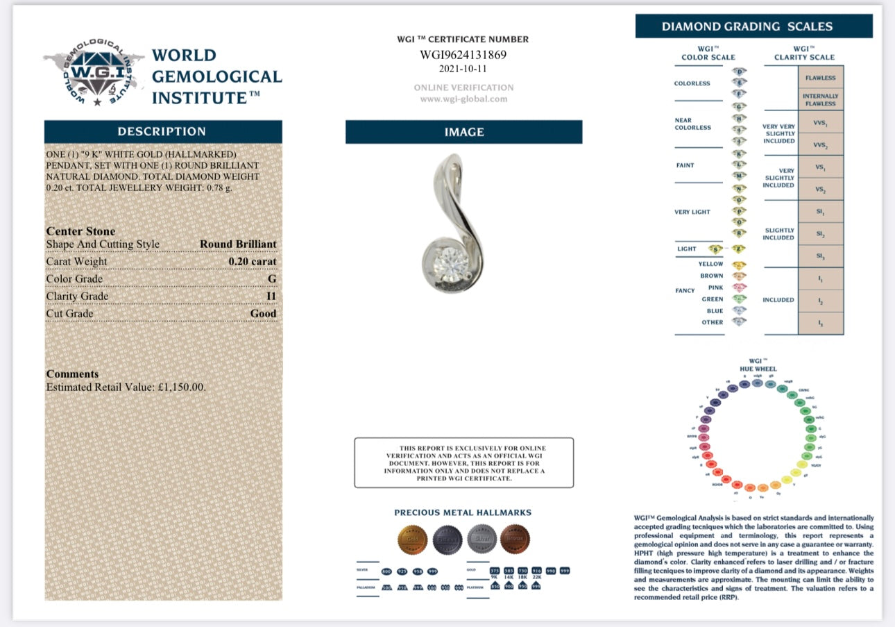 9k White Gold 0.20ct Natural Round Brilliant Cut Diamond Solitaire Pendant certified
