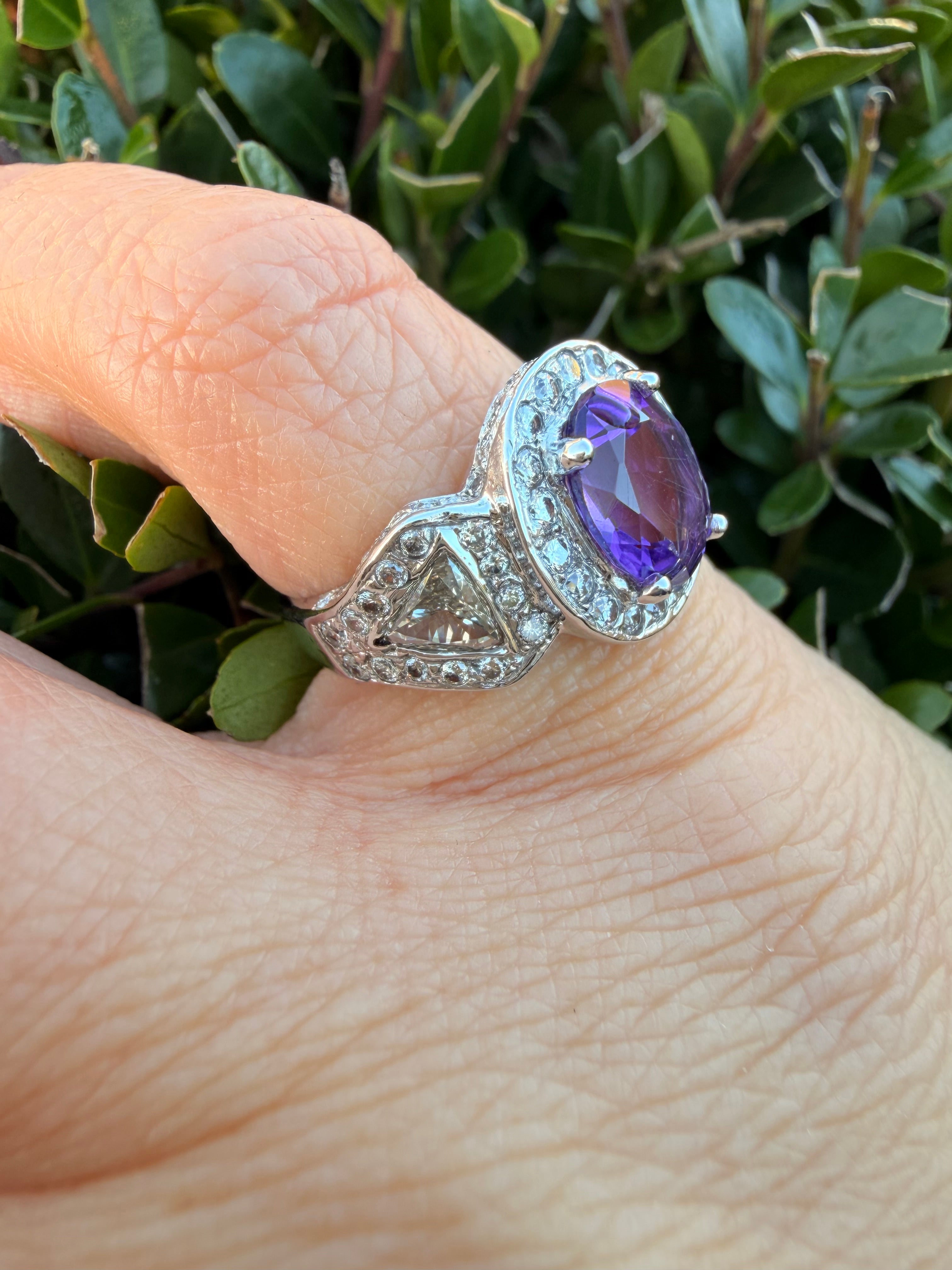 18k White Gold Amethyst And 1.30ct Natural Diamond Ring certified