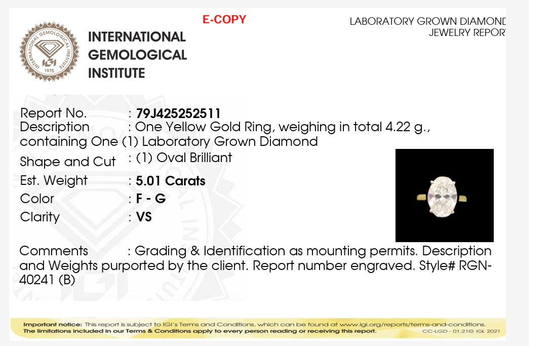 5.01ct Oval brilliant cut Lab Grown Diamond Solitaire Ring IGI Certified set in 9k yellow gold