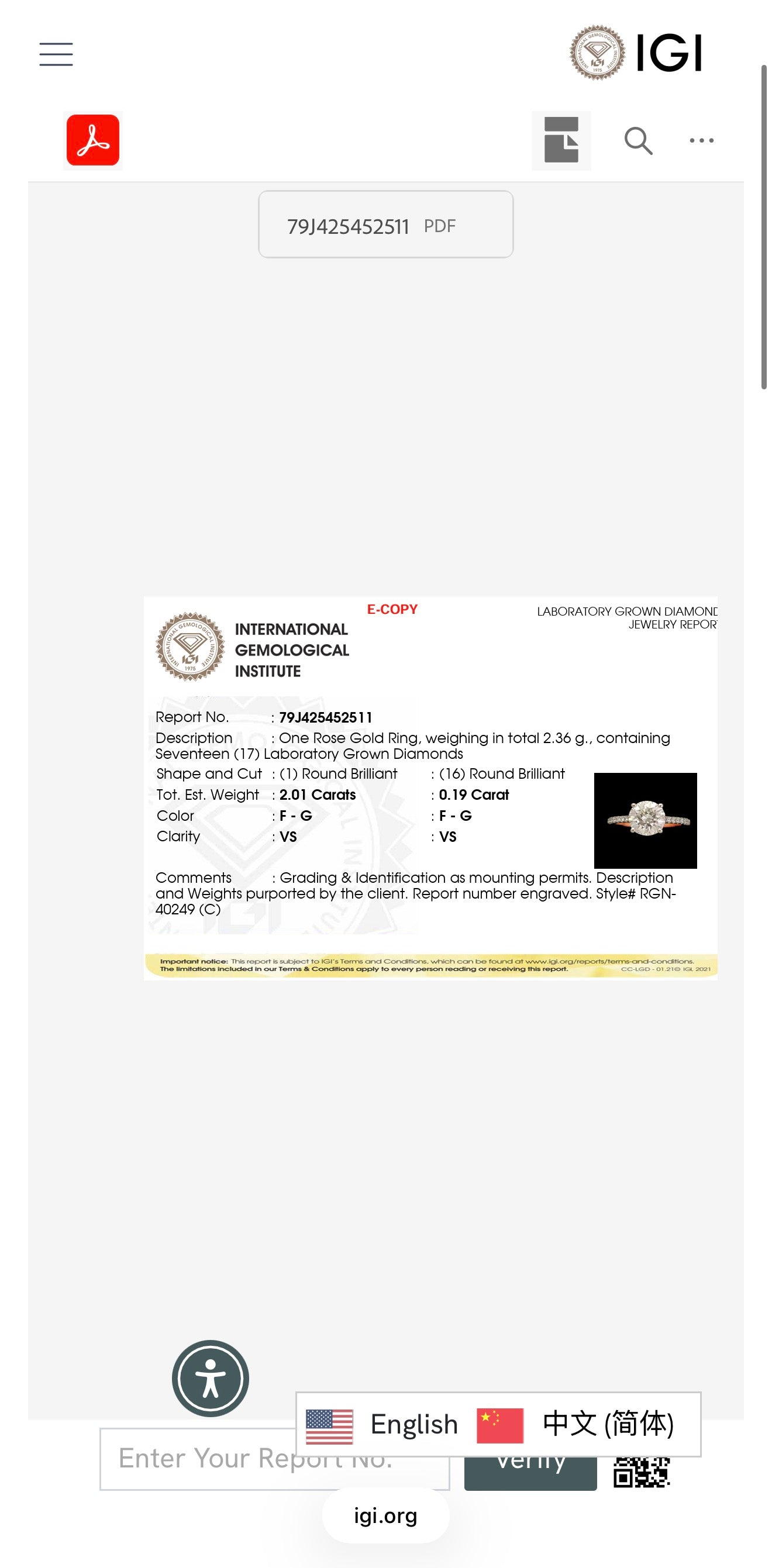 2.20ct round brilliant Cut Lab grown Diamond Ring IGI certified 9k Rose Gold