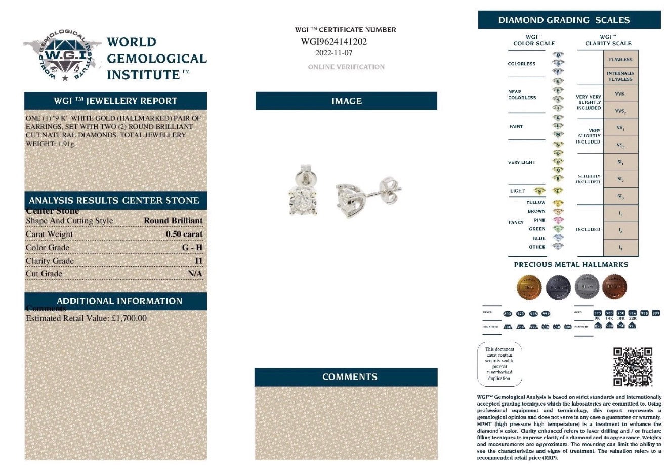 9k White Gold 0.50ct Round Brilliant Cut Diamond Solitaire Earrings Certified