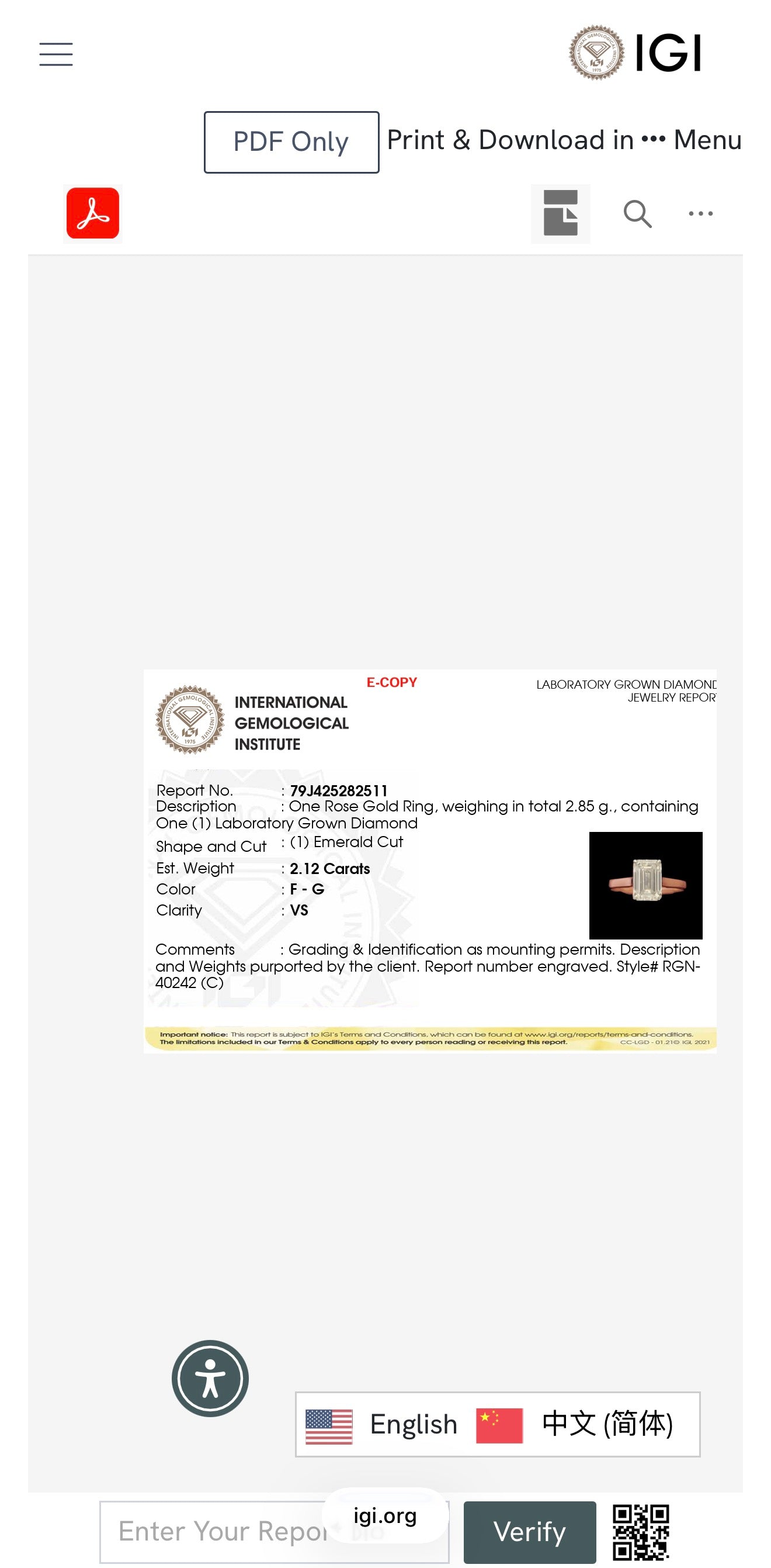 2.12ct emerald cut Lab Grown Diamond Solitaire Ring IGI Certified set in 9k rose gold