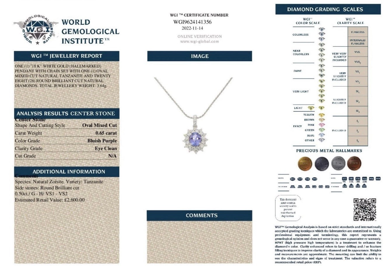 18k Gold Natural Diamond And Tanzanite Pendant And Chain Set Certified
