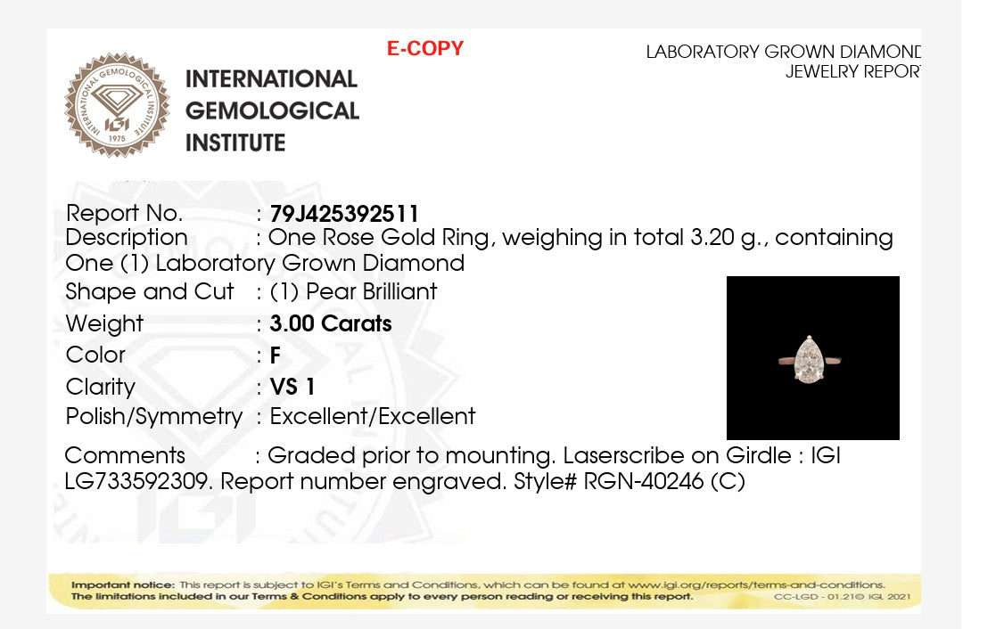 3.00ct pear cut Lab Grown Diamond Solitaire Ring IGI Certified set in 9k Rose gold