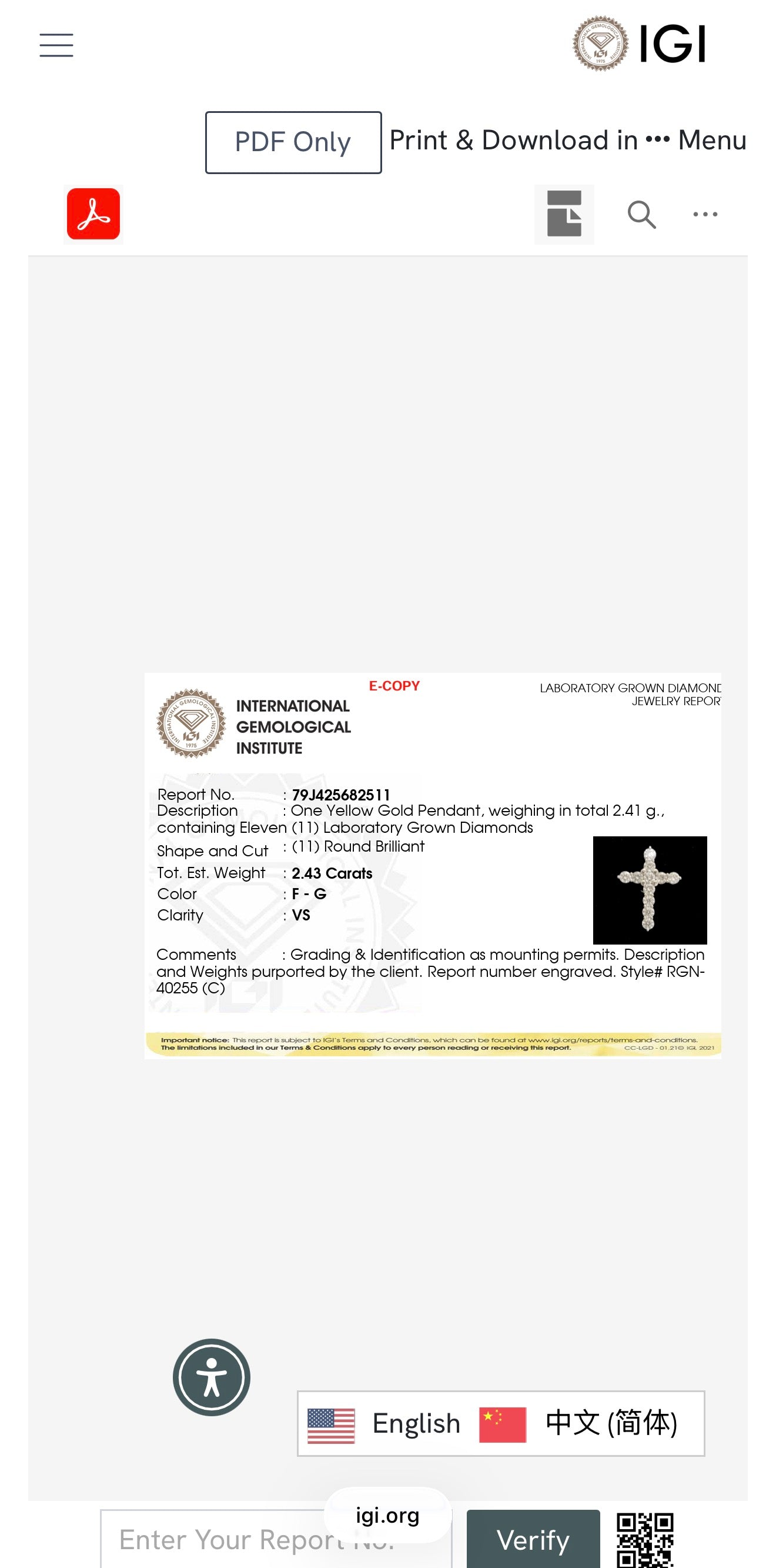 2.43ct round cut lab grown diamond Cross Pendant 9k yellow Gold IGI certified