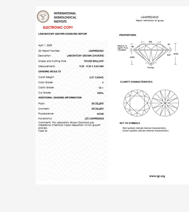3.07ct round brilliant cut Lab Grown Diamond Solitaire Ring IGI Certified set in platinum