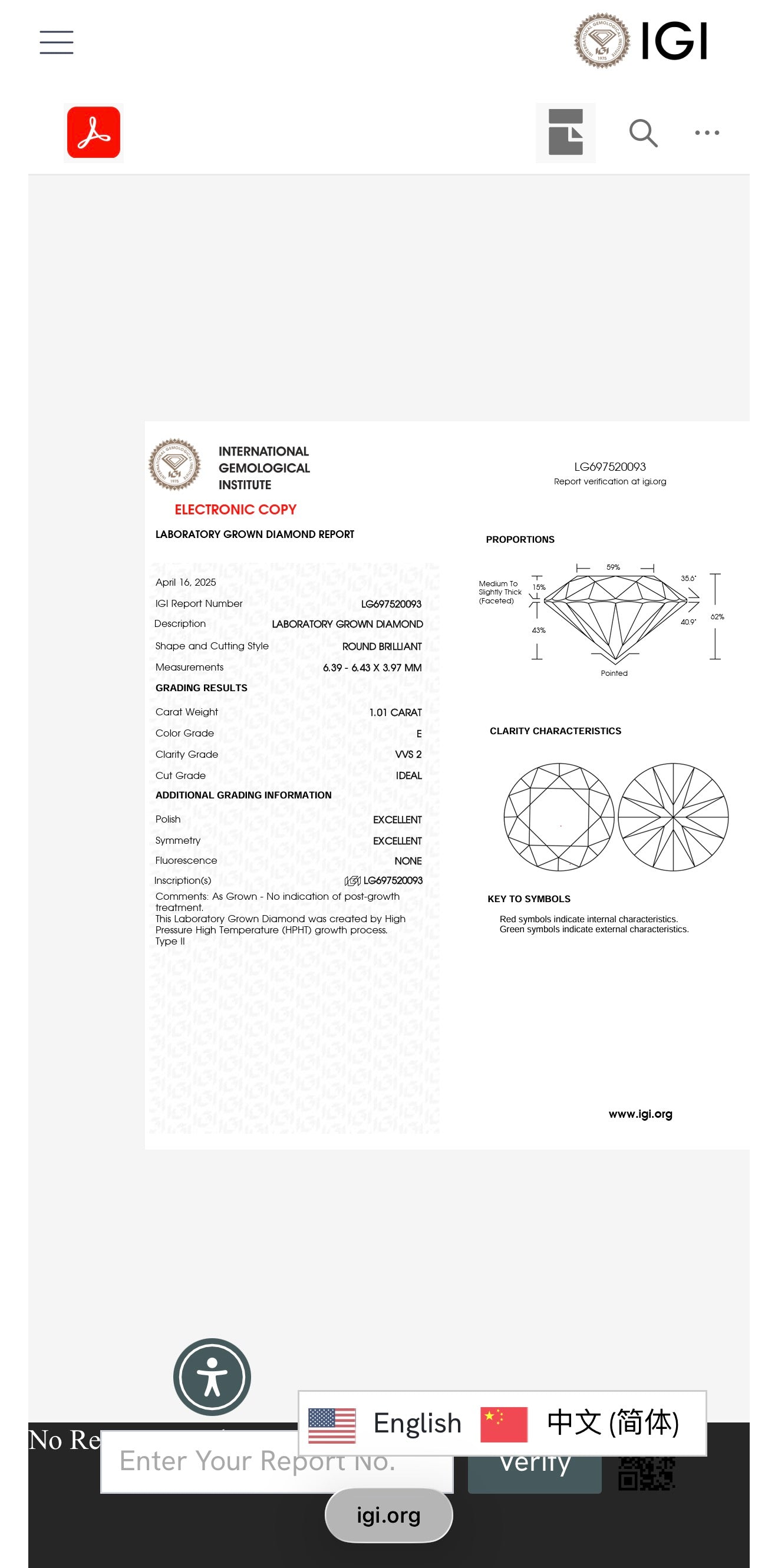 1.01ct VVS2 Round Brilliant Cut lab grown Diamond Solitaire Pendant IGI certified 18k White Gold