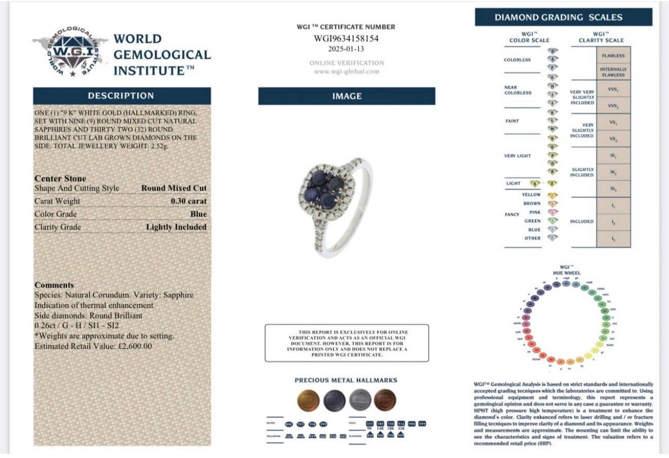 9k White Gold Lab Grown Diamond And Sapphire Ring Certified