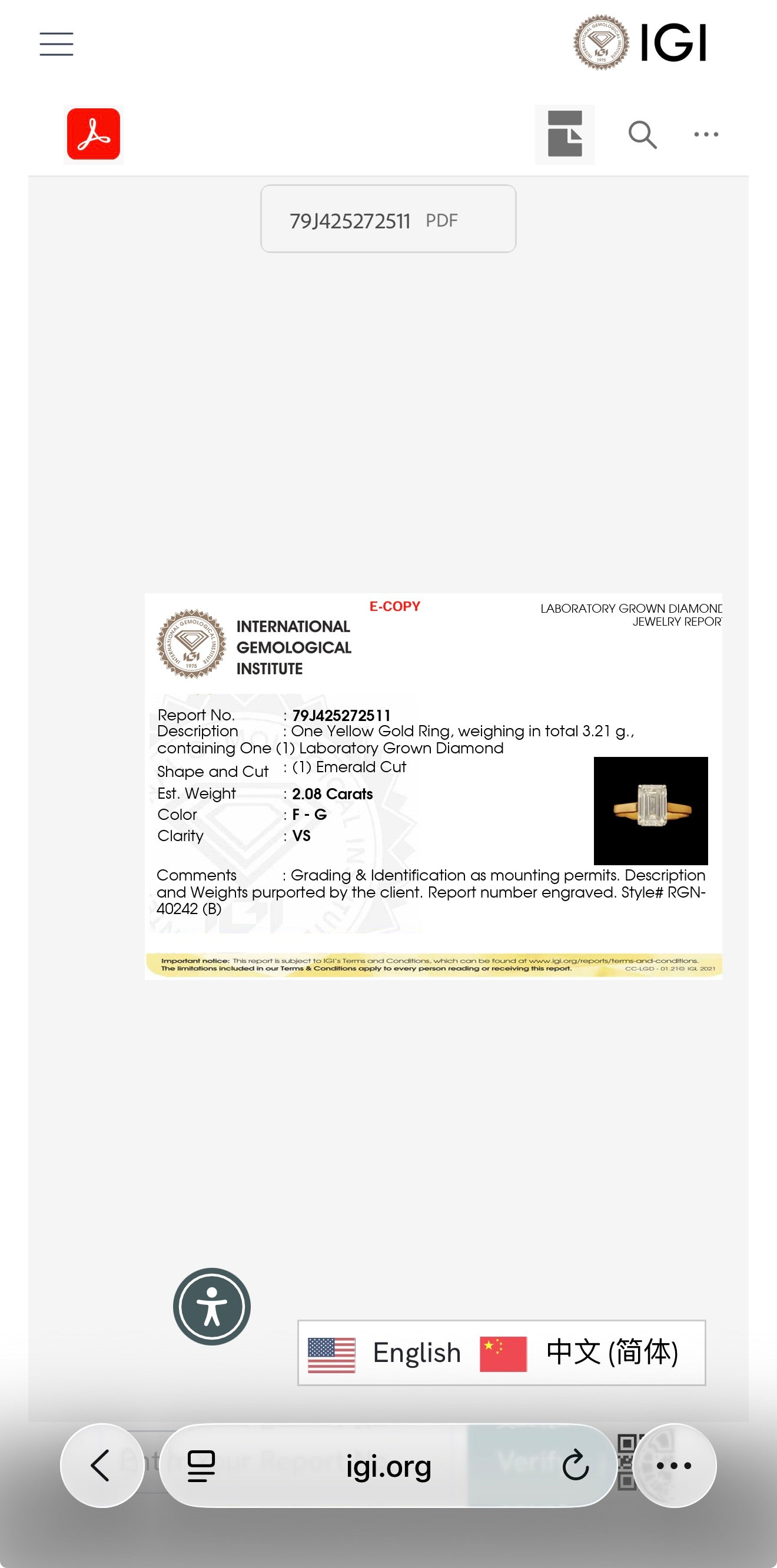 2.08ct emerald cut Lab Grown Diamond Solitaire Ring IGI Certified set in 9k yellow gold