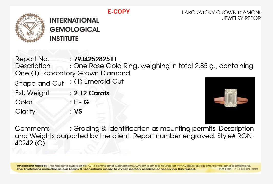 2.12ct emerald cut Lab Grown Diamond Solitaire Ring IGI Certified set in 9k rose gold