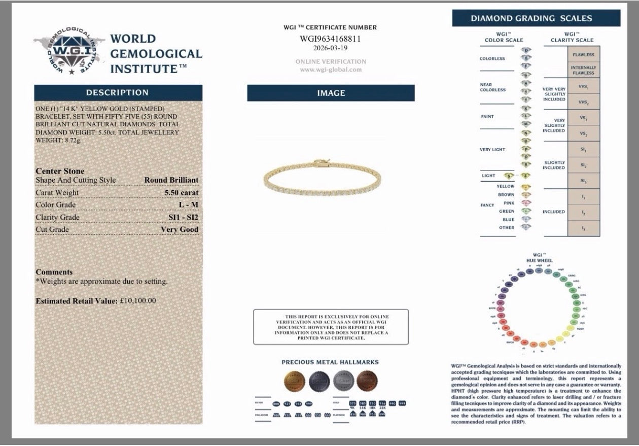 14k Gold 5.50ct Natural Round Cut Diamond Tennis Bracelet Certified Rrp £10100