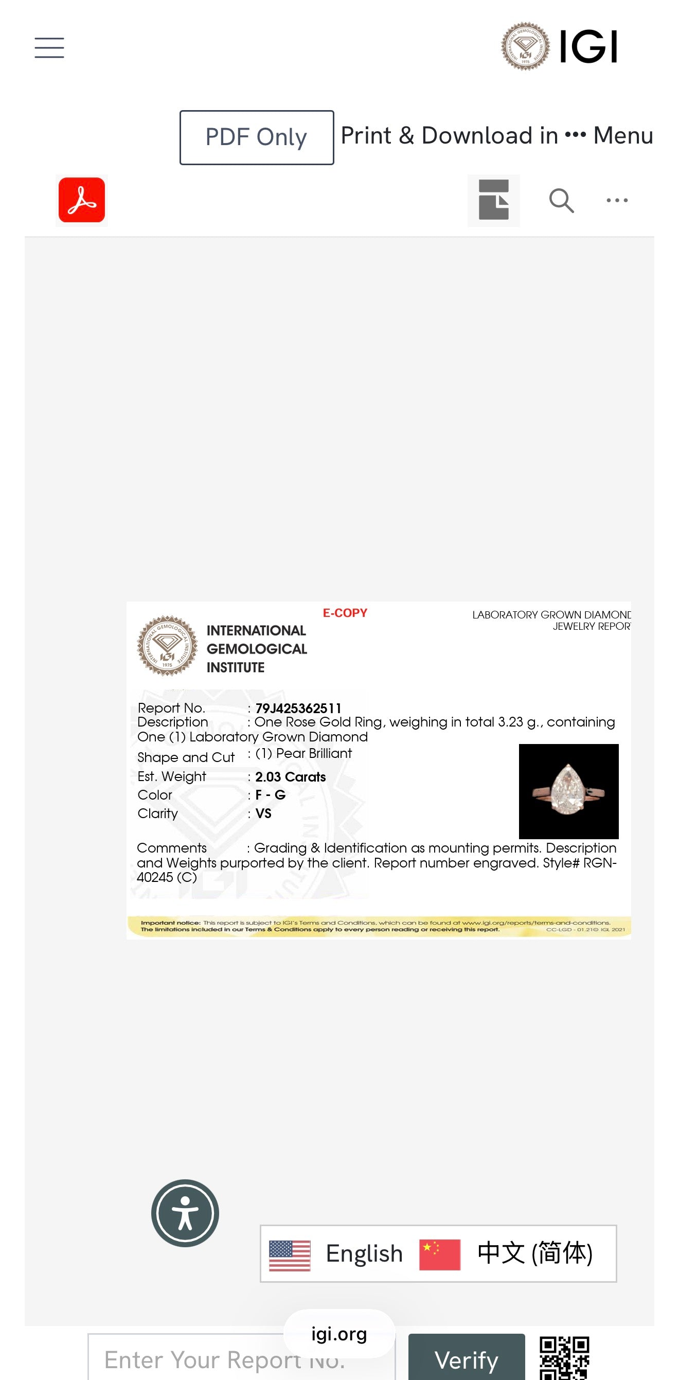 2.03ct pear cut Lab Grown Diamond Solitaire Ring IGI Certified set in 9k Rose gold