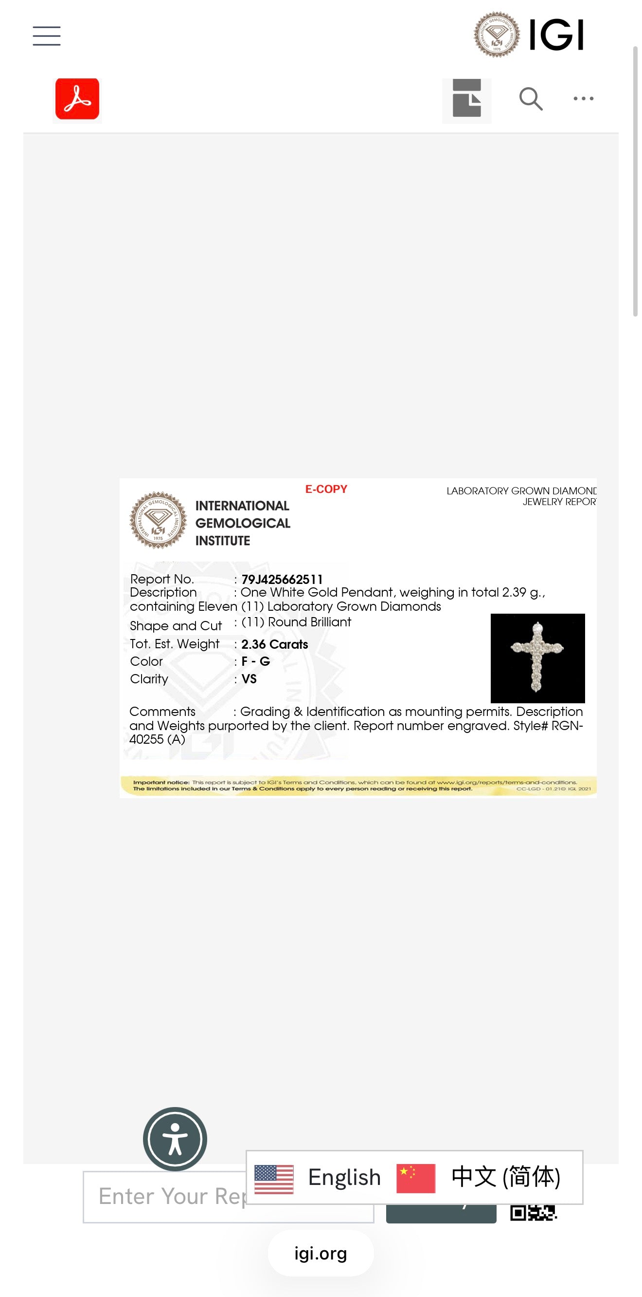 2.36ct round cut lab grown diamond Cross Pendant 9k White Gold IGI certified