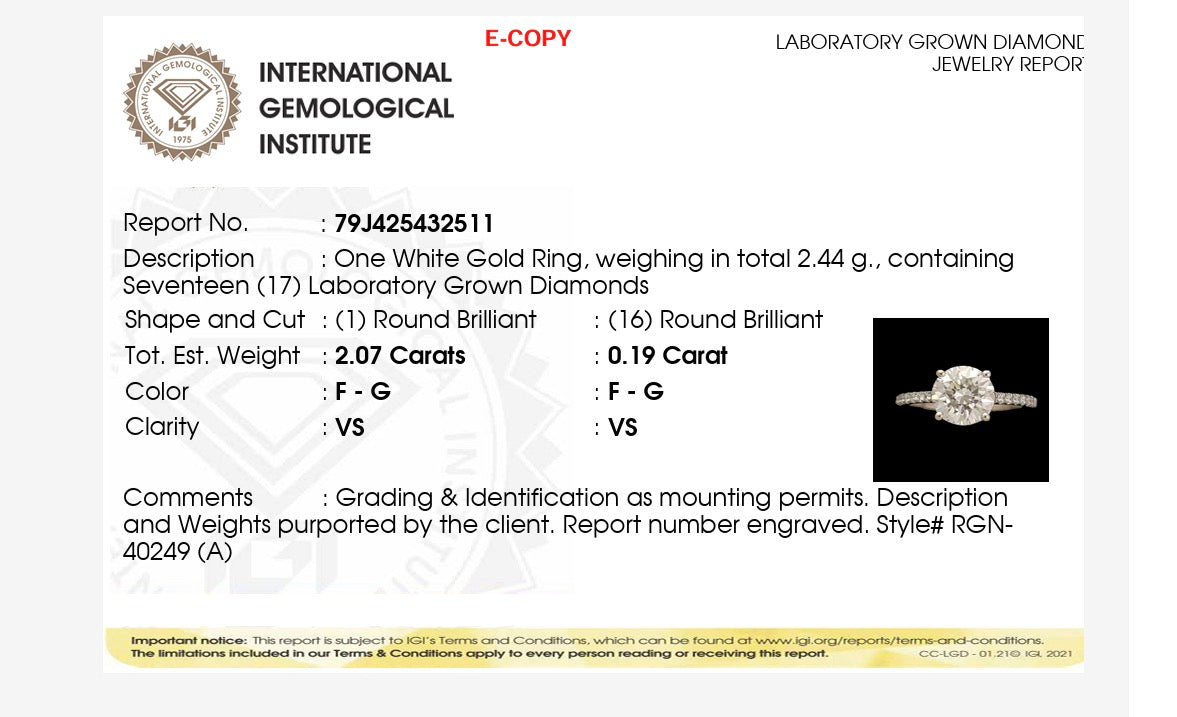 2.26ct round brilliant Cut Lab grown Diamond Ring IGI certified 9k white Gold