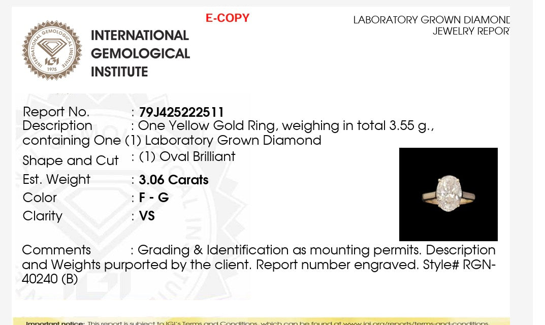 3.06ct oval cut Lab Grown Diamond Solitaire Ring IGI Certified set in 9k yellow gold