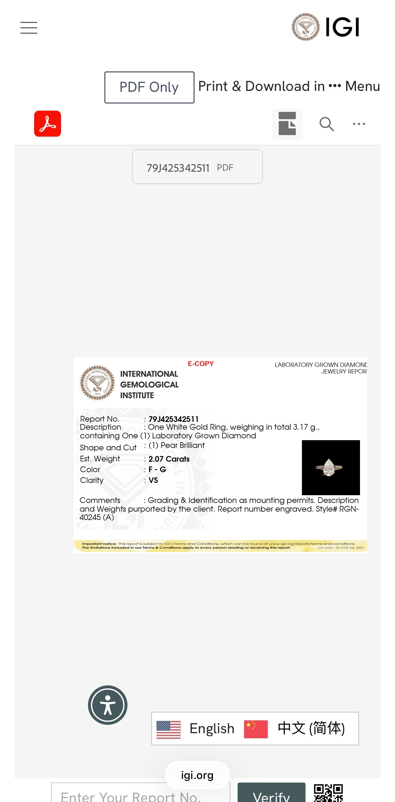 2.07ct pear cut Lab Grown Diamond Solitaire Ring IGI Certified set in 9k white gold