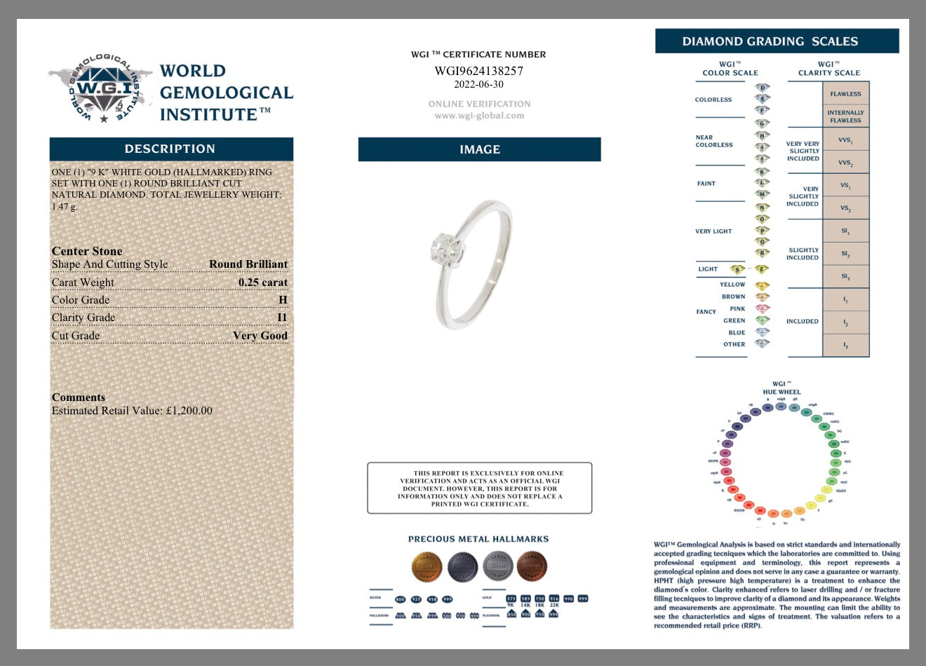 9k White Gold 0.25ct Natural Round Cut Diamond Solitaire Ring certified