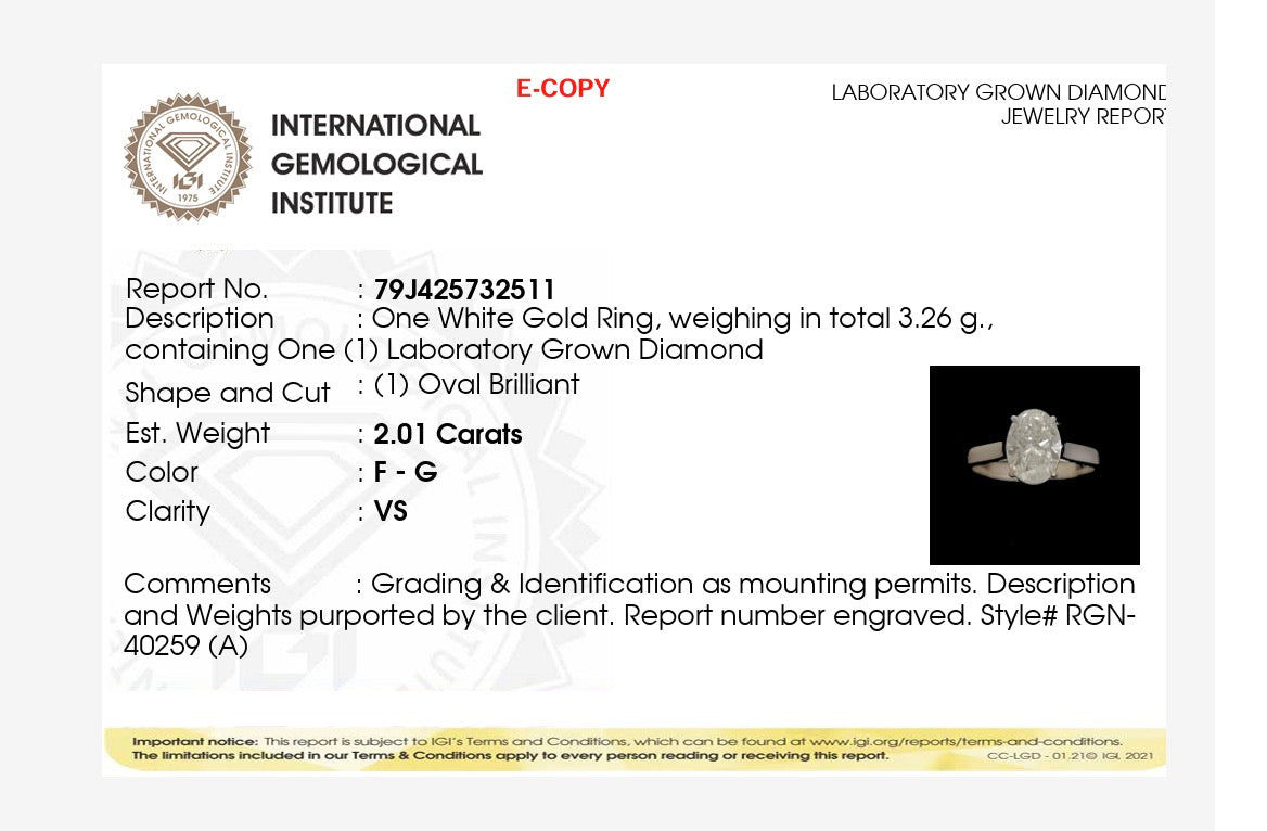 2.01ct oval cut Lab Grown Diamond Solitaire Ring IGI Certified set in 9k white gold