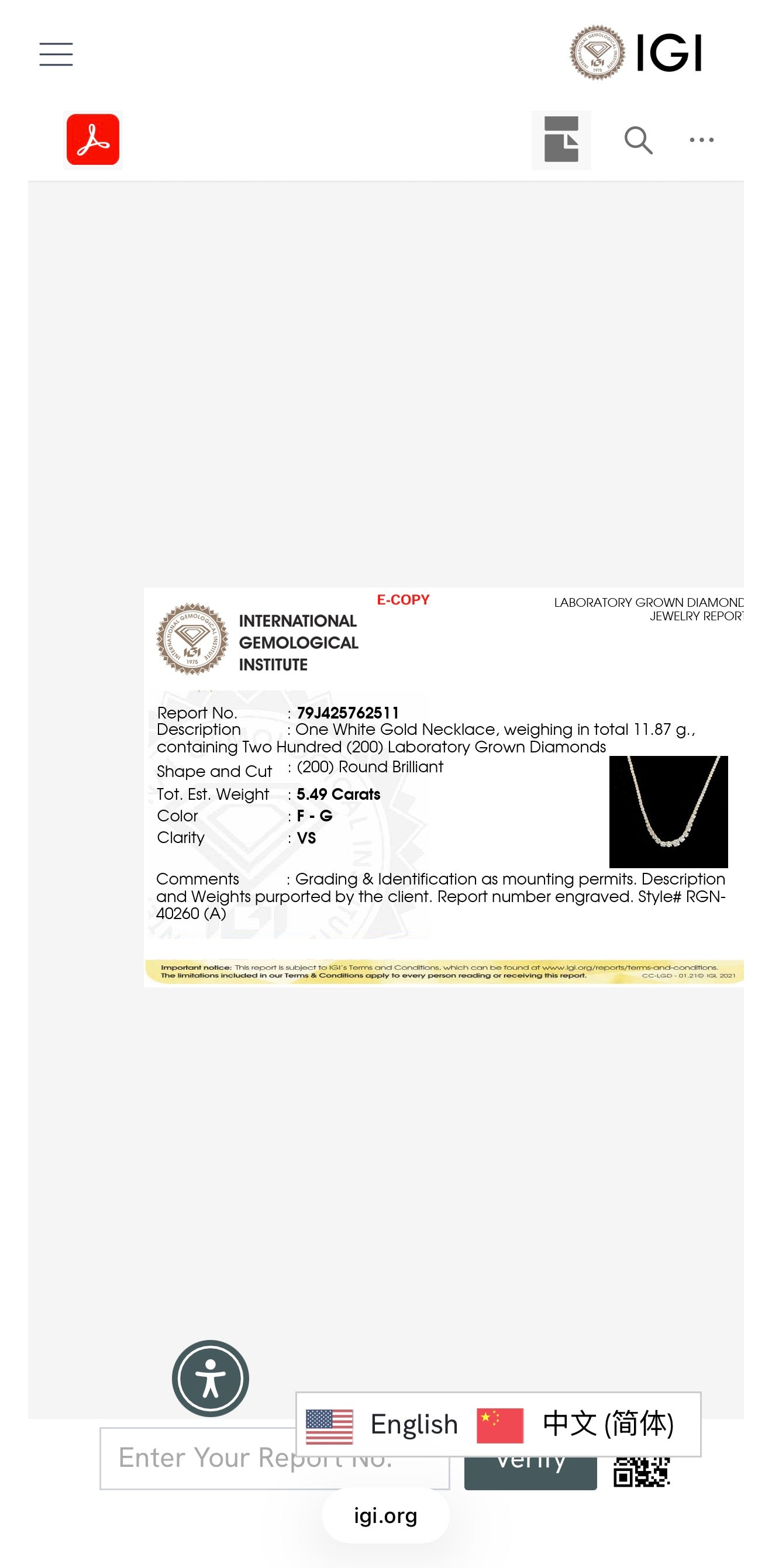 5.49ct Round Cut Lab grown Diamond graduated Tennis necklace IGI certified 9k White Gold