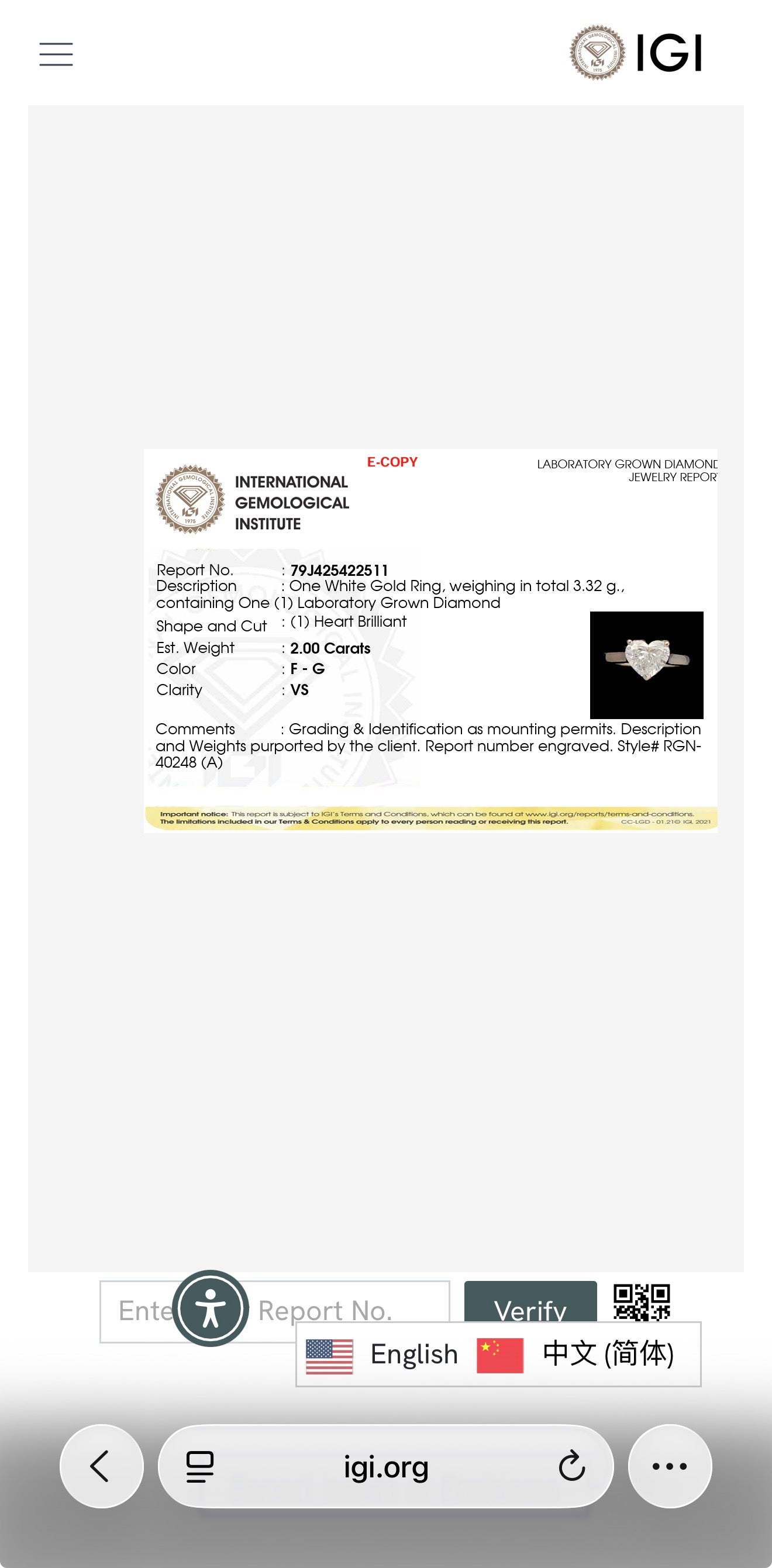 2ct Heart Shape Lab Grown Diamond Solitaire Ring IGI Certified set in 9k white gold