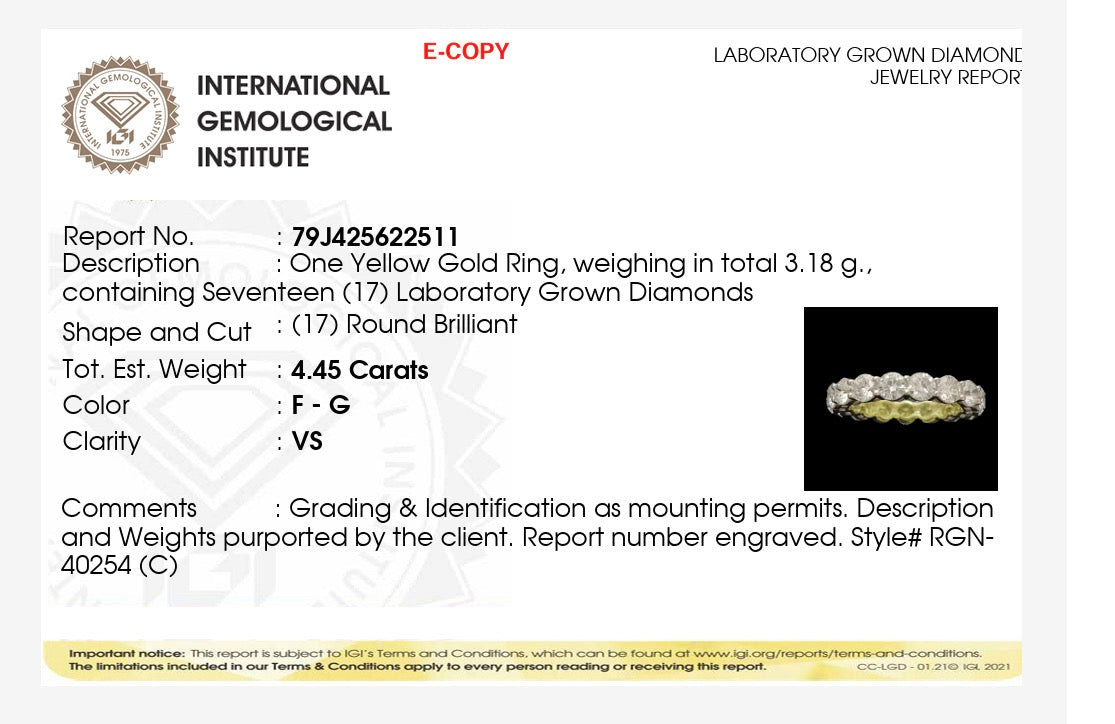 4.45ct round brilliant cut lab grown Diamond Full Eternity Ring 9k yellow Gold IGI certified