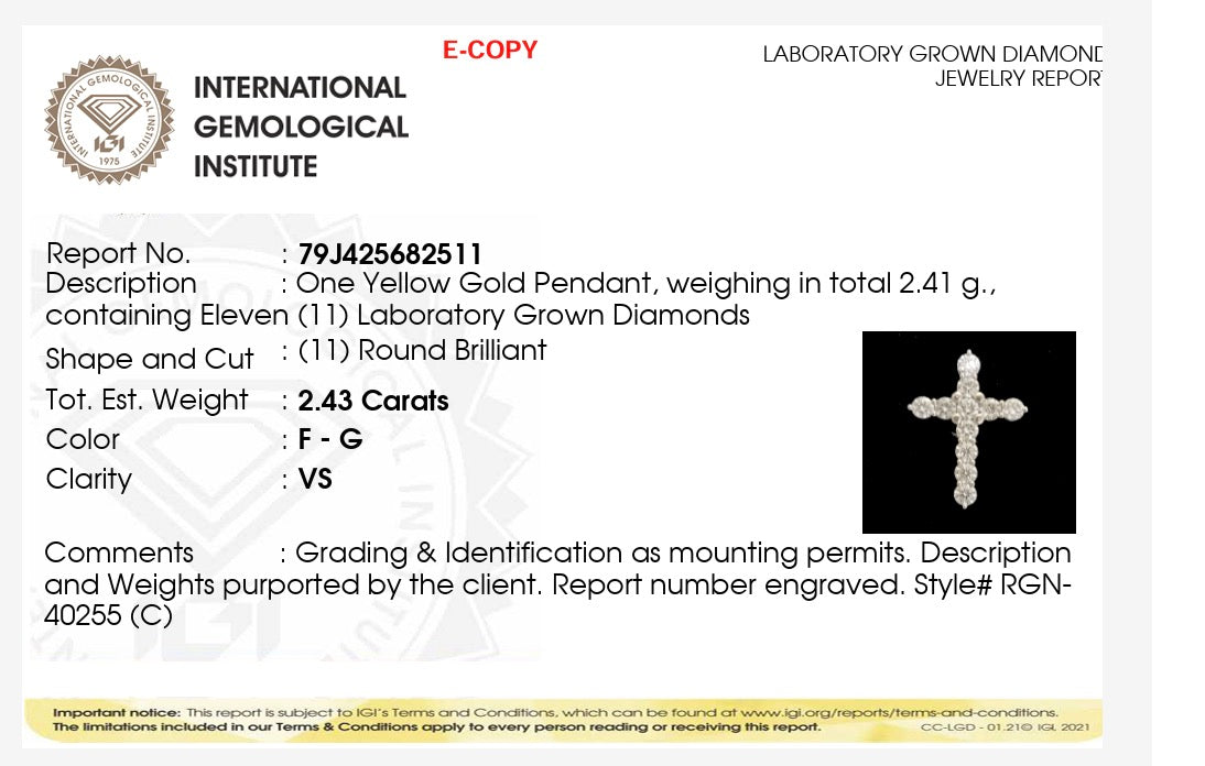 2.43ct round cut lab grown diamond Cross Pendant 9k yellow Gold IGI certified