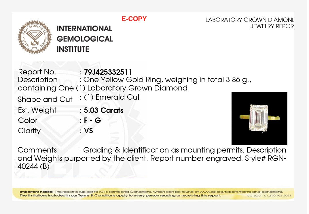 5.03ct emerald cut Lab Grown Diamond Solitaire Ring IGI Certified set in 9k yellow gold