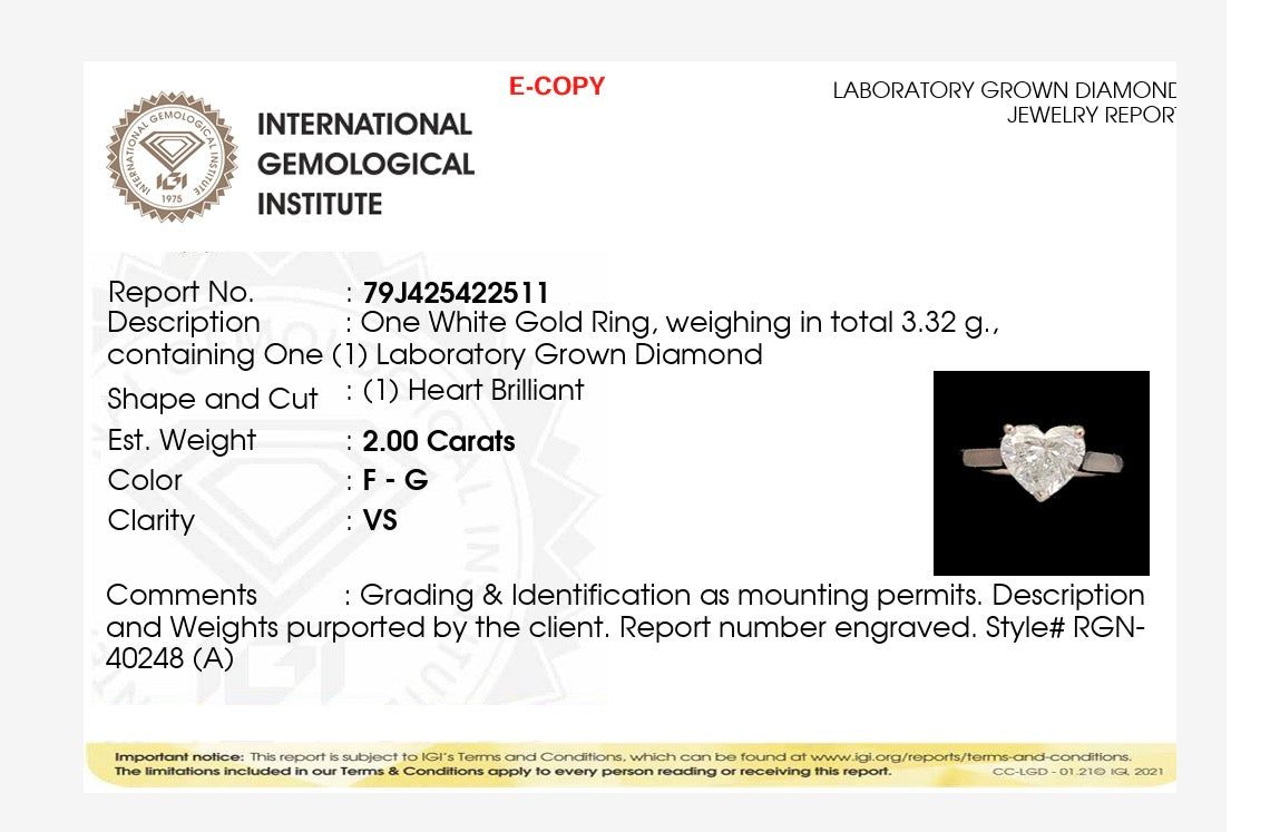 2ct Heart Shape Lab Grown Diamond Solitaire Ring IGI Certified set in 9k white gold