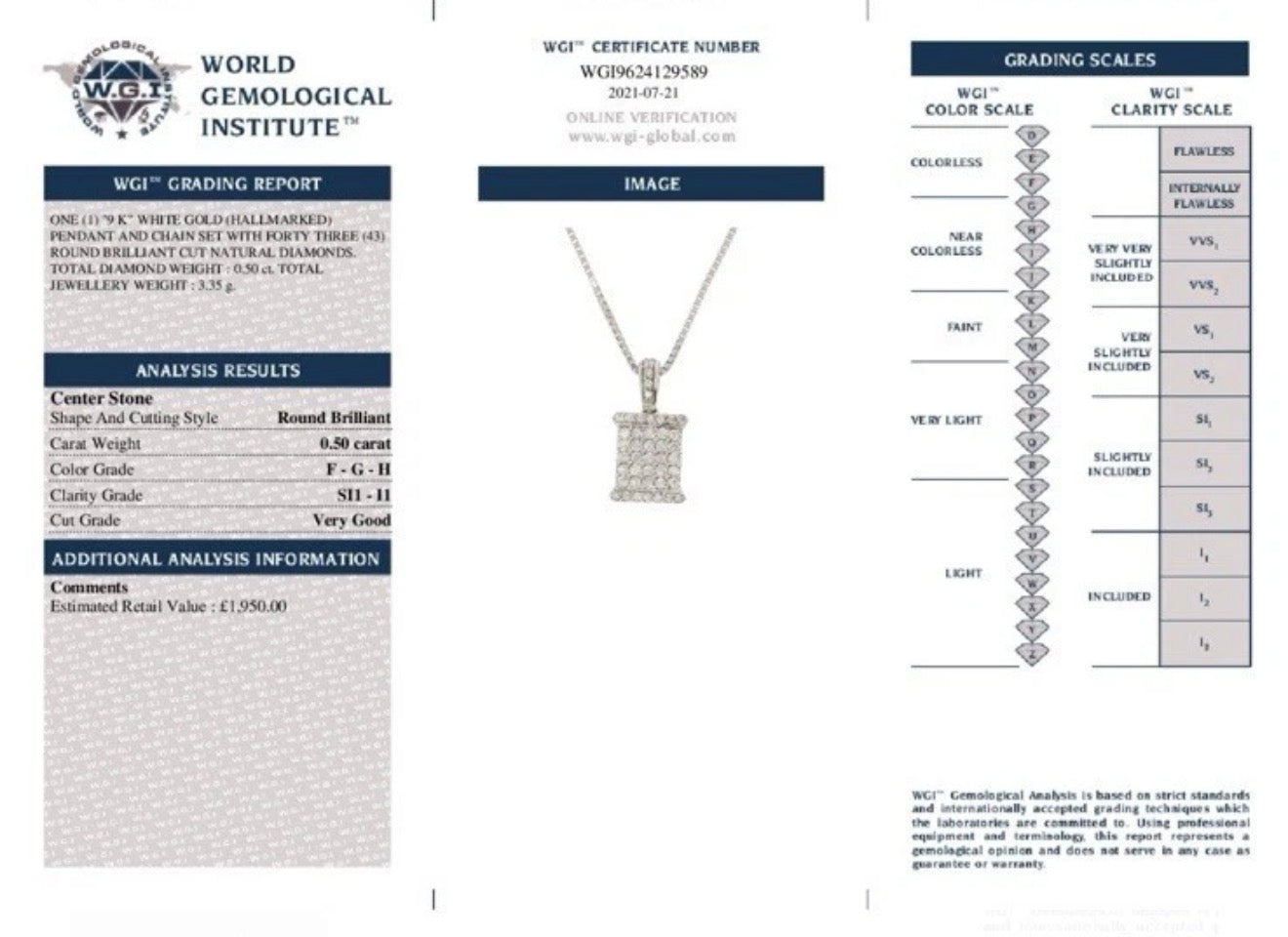 9k White Gold 0.50 Ct Natural Diamond Pendant And Chain Set Certified