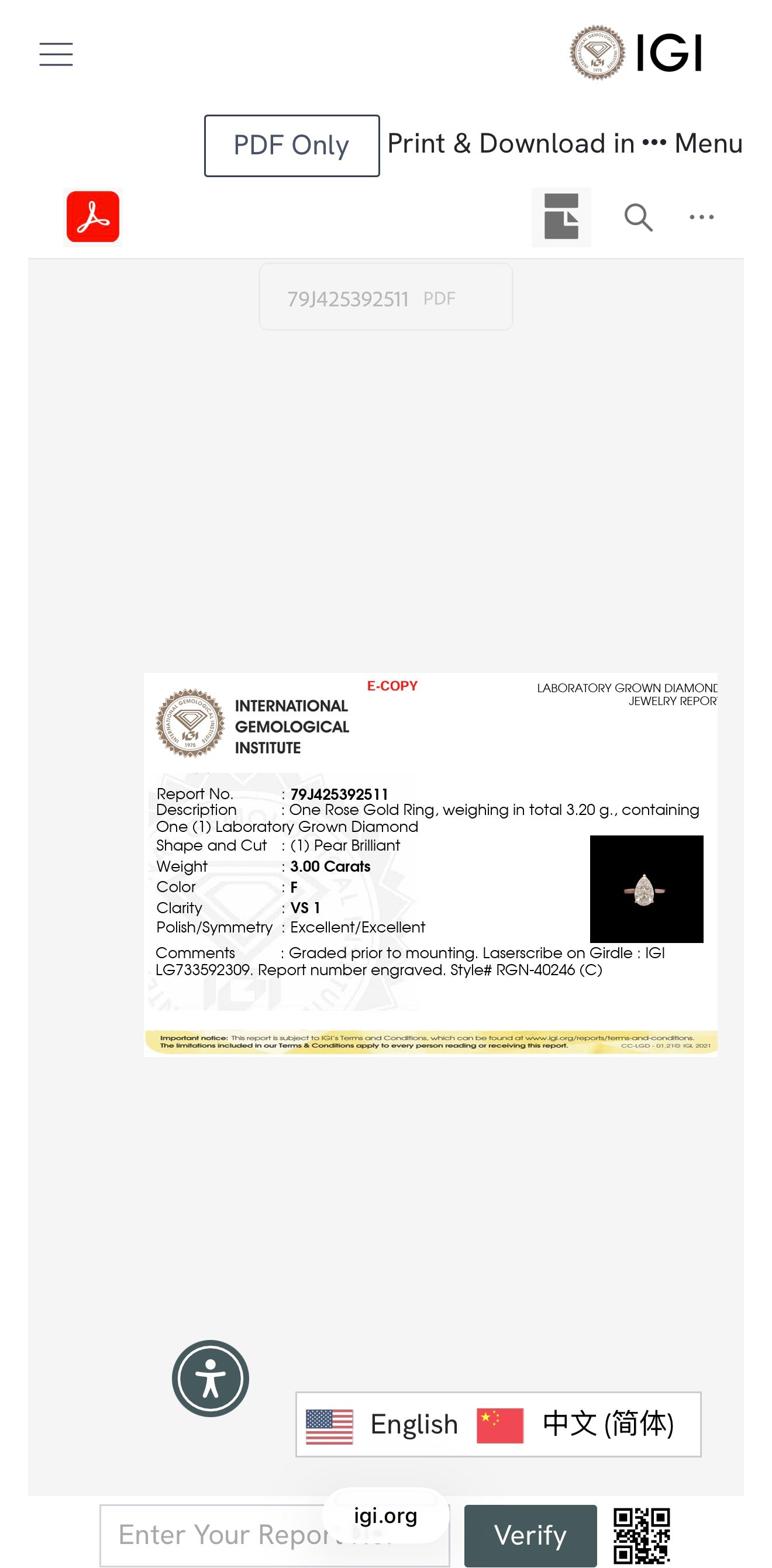 3.00ct pear cut Lab Grown Diamond Solitaire Ring IGI Certified set in 9k Rose gold