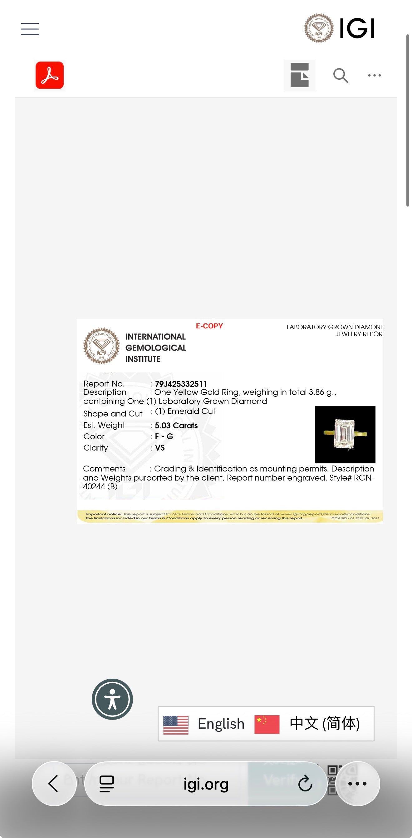 5.03ct emerald cut Lab Grown Diamond Solitaire Ring IGI Certified set in 9k yellow gold