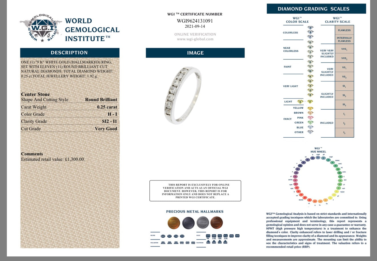 9k white gold Gold 0.25ct Round Brilliant Cut Natural Diamond Half Eternity Ring certified